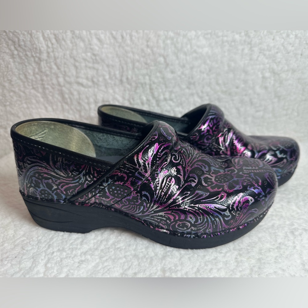 Dansko Women's Black and Purple Patterned Clogs